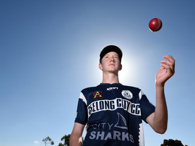 Geelong City leg-spinner Fletcher Grimsey-Cook was the youngest debutant in Geelong City history at age 14. Picture: David Smith.