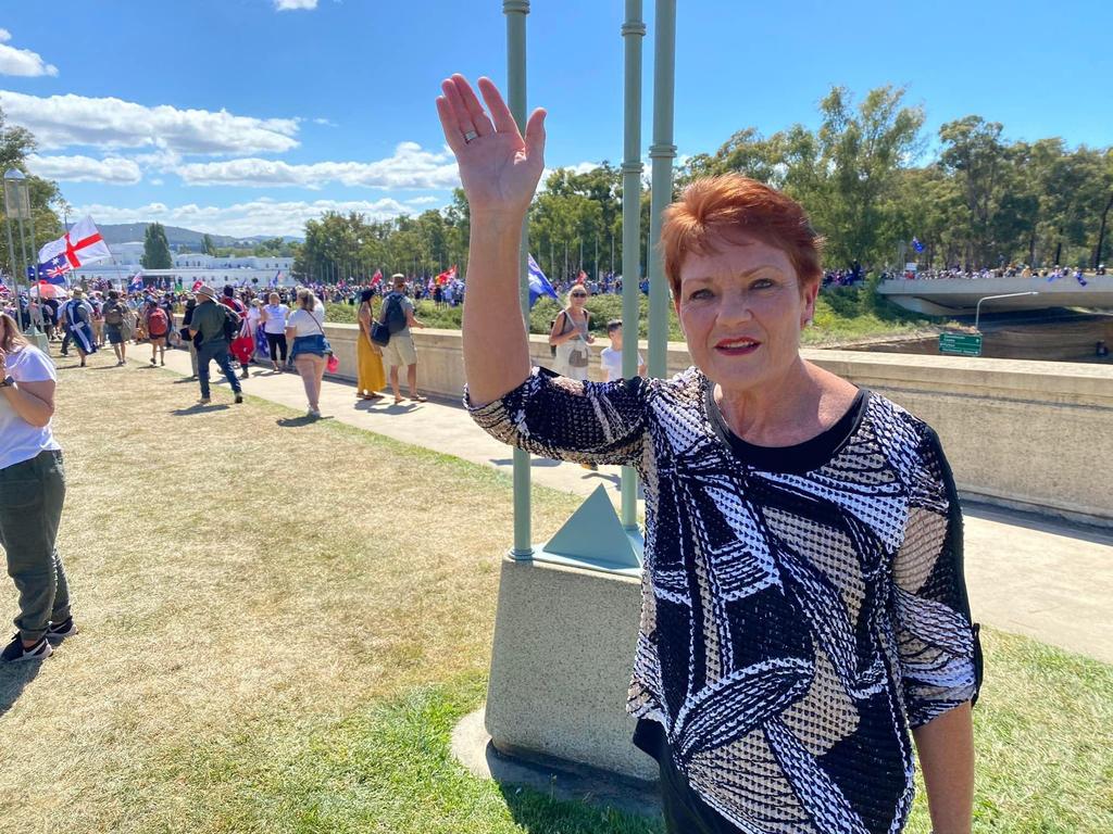 One Nation Senator Pauline Hanson has told ralliers to "say hi” to her at the protest. Picture: Supplied