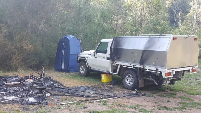 Their fire-damaged campsite. Picture: ABC