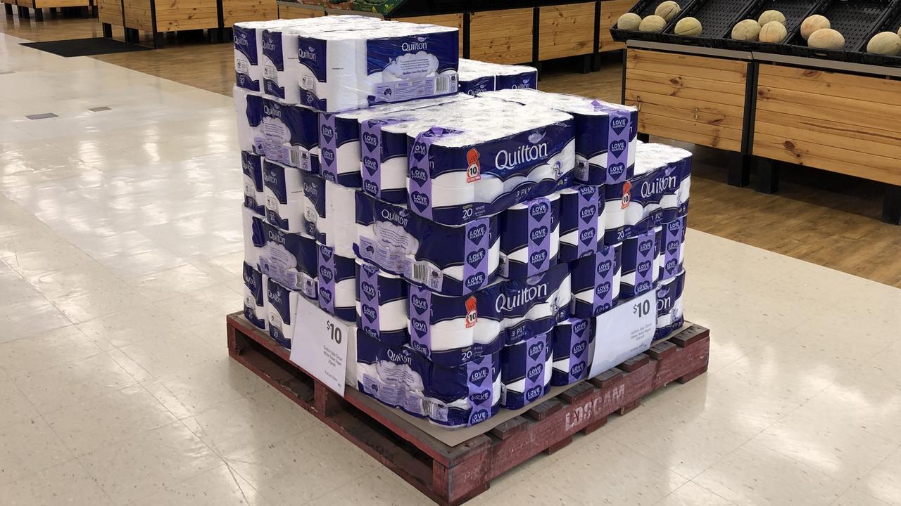 At the height of the great toilet paper frenzy of 2020, rolls were left on pallets for desperate shoppers to grab.