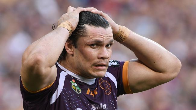 James Roberts of the Broncos reacts during the Elimination Final between the Brisbane Broncos and the St George-Illawarra Dragons in Week 1 of the NRL Finals Series at Suncorp Stadium in Brisbane, Sunday, September 9, 2018. (AAP Image/Dave Hunt) NO ARCHIVING, EDITORIAL USE ONLY