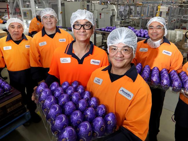 11/12/2019 Emilio Napoli and his nephew Bruno Mafrici with Brothers Tuan Truong and Vinh Truong , also Cousins Paul Arboleda and Pol Arboleda at the Cadbury factory in Ringwood Victoria. Picture: David Geraghty, The Australian.