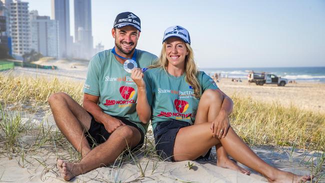 Paris Olympics silver medallist Riley Fitzsimmons and fiance Georgia Miller, who are both competing for Northcliffe Surf Club in World Lifesaving Championships on the Gold Coast. Picture: Nigel Hallett