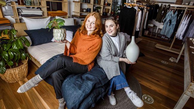 Retail assistants Ally McNaughton and Lulu Pye at South Melbourne home and lifestyle store Nest. Picture: Nicole Cleary