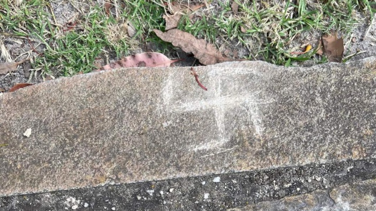 A Nazi swastika engraved at Harleston Park in Elsternwick in 2021. Picture: Anti-Defamation Commission