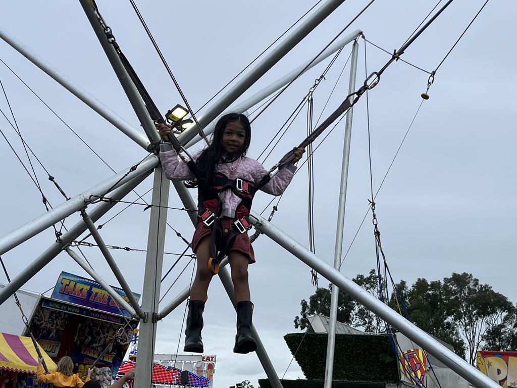 Celina Shrestha having fun jumping on the trampolines.