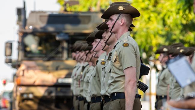 More than 200 soldiers from 8th/12th Regiment, Royal Australian Artillery at the Freedom of Entry march through Palmerston on Friday. Picture: Pema Tamang Pakhrin