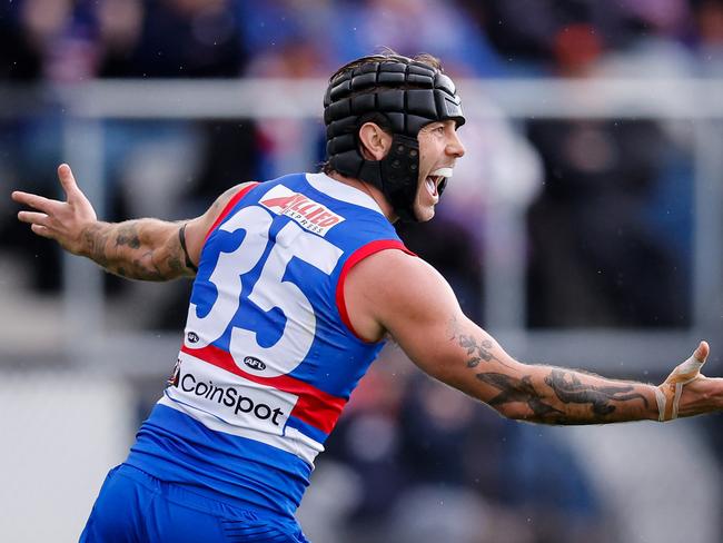 BALLARAT, AUSTRALIA - AUGUST 25: Caleb Daniel of the Bulldogs celebrates a goal during the 2024 AFL Round 24 match between the Western Bulldogs and the GWS GIANTS at Mars Stadium on August 25, 2024 in Ballarat, Australia. (Photo by Dylan Burns/AFL Photos via Getty Images)