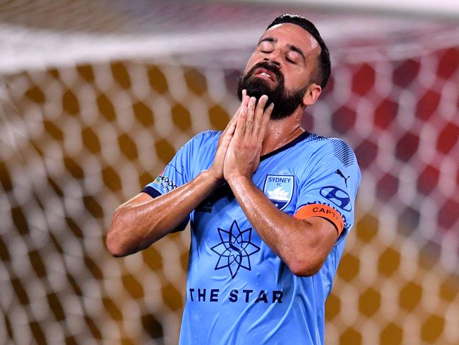 Alex Brosque of Sydney is seen reacting during the Round 23 A-League match between the Brisbane Roar and Sydney FC at Suncorp Stadium in Brisbane, Friday, March 29, 2019. (AAP Image/Darren England) NO ARCHIVING, EDITORIAL USE ONLY