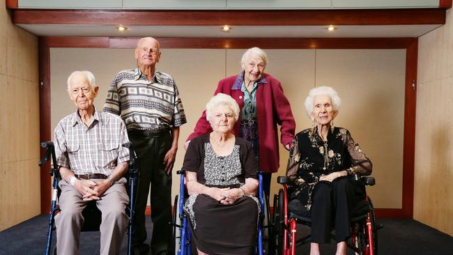 Wilfred “Bill” Richards 101, Vernon Ashton 101, Mabel Crosby 109, Adeline “Dorothea” Fryer 105 and Ludmilla Brassington 102 pose at the Centenarians The 100+ Club luncheon on Friday. Picture: AAP Image/Claudia Baxter