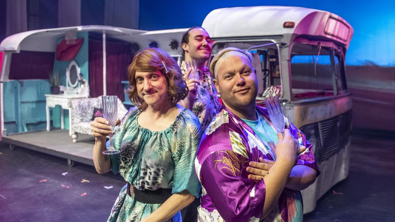 MEET THE QUEENS: The lead actors in the Toowoomba Choral Society’s production of Priscilla Queen of the Desert (from left) Nathan Chant, Brendan Thomas-Ryland and Dylan Ashton at the Empire Theatre. Picture: Nev Madsen