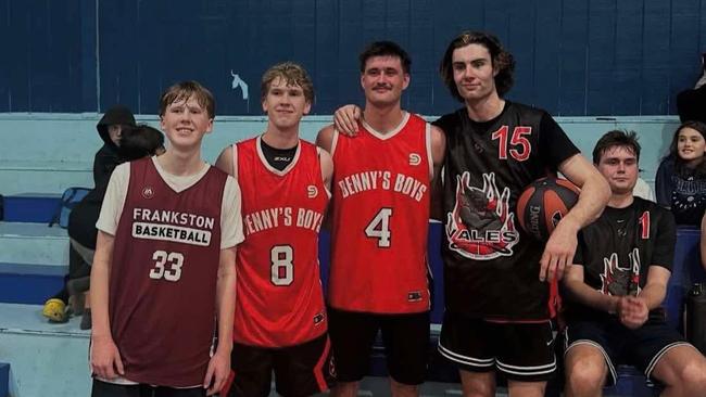 NBA star Josh Giddey (right) poses with local league basketball players (from left to right) Ash Lans, Jesse Lans and Blake Jackson in Frankston. Photo: Supplied