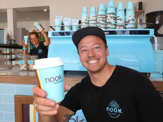 Nook co-owner Marcus Wilkins now operates a cafe at Nobby Beach after the coffee legend was forced from its original home. Nook still survives at Stockland Burleigh.