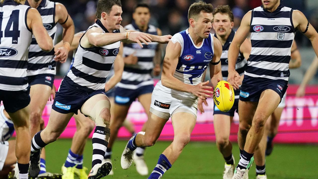 Shaun Higgins on the move against Geelong on Saturday night.