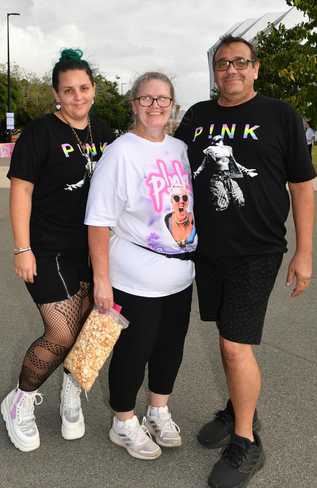 Socials at Pink convert at Townsville's Queensland Country Bank Stadium. Charlene, Robbie and Kylee Petersen. Picture: Evan Morgan