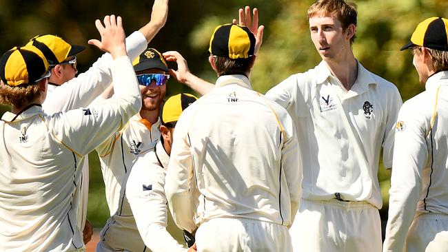 Richmond celebrate taking the wicket of Jackson Freeman of Ringwood during the Victorian Premier Cricket Kookaburra Men's Premier Firsts Semi-Final match between Ringwood and Richmond at Jubilee Park, on March 9, 2024, in Melbourne, Australia. (Photo by Josh Chadwick)