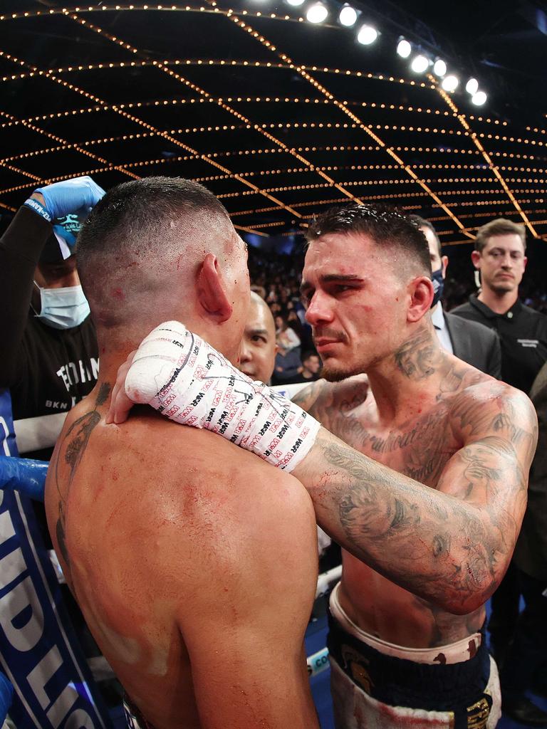 Teofimo Lopez and George Kambosos talk after their championship bout. Photo Al Bello/Getty Images/AFP.