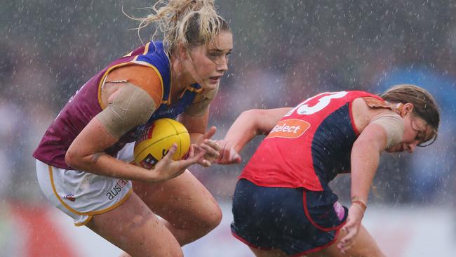 Brisbane’s Tayla Harris beats her opponent. Picture: Getty Images