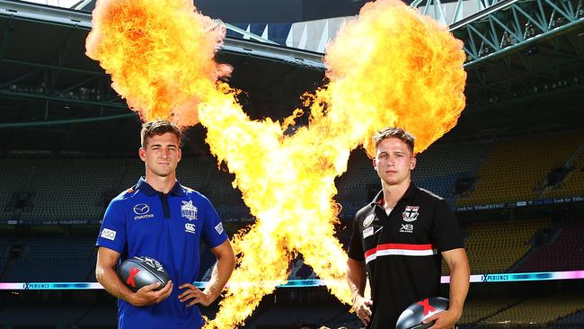 North Melbourne’s Shaun Atley and St Kilda’s Jack Billings at the launch of AFLX at Etihad Stadium. Picture: Getty Images