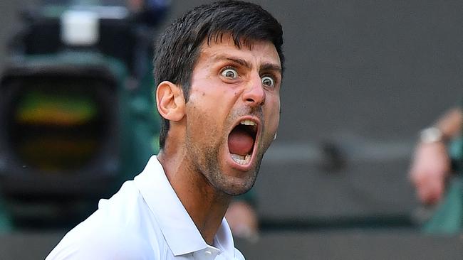 A fired-up Novak Djokovic on his way to victory over Britain’s No 1 Kyle Edmund. Picture: AFP