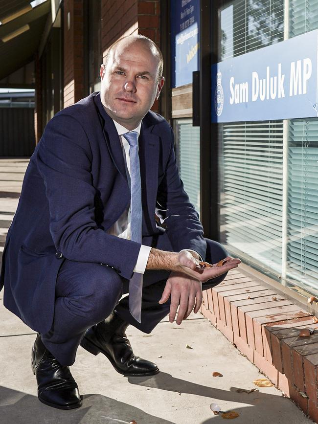 Sam Duluk at his Blackwood electoral office. Picture: AAP / Mike Burton