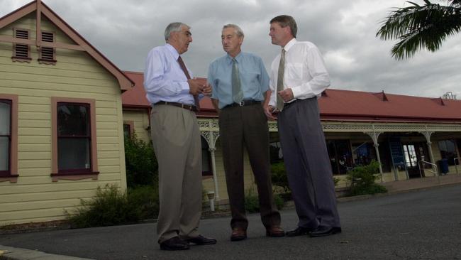 Thomas George, Merv King (centre), and Don Page at Lismore Train Station. Picture: The Northern Star Archives