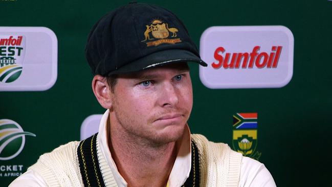 Steve Smith speaks to the media in Cape Town after the ball tampering scandal earlier this year. Picture: AFP