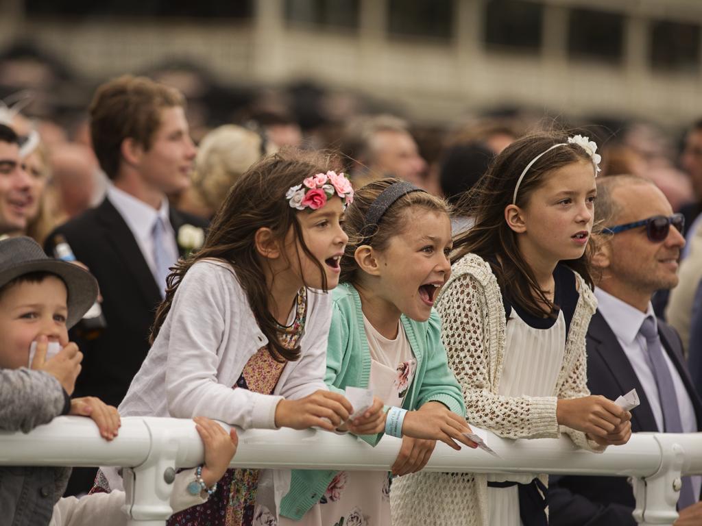 Carter Codd 5 (boy) Courtney Codd 7 (rose fascinator) Talia Lissette 7 (green cardigan) Naomi Lissette 10 (white fascinator) and Isla Payne 3, (white cardigan) go berserk as they watch the running of race 3 Pic Jenny Evans