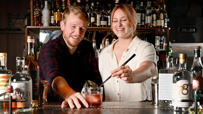 Alfie Simmons and Ebony Grant from Maybe Mae making a cocktail. Picture: Naomi Jellicoe