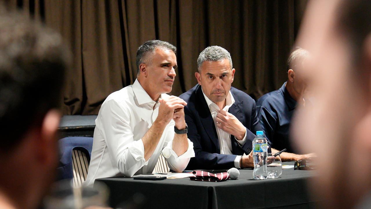 Premier Peter Malinauskas and Energy and Mining Minister Tom Koutsantonis at a meeting with steel workers in Whyalla earlier this year. Picture: Tim Joy