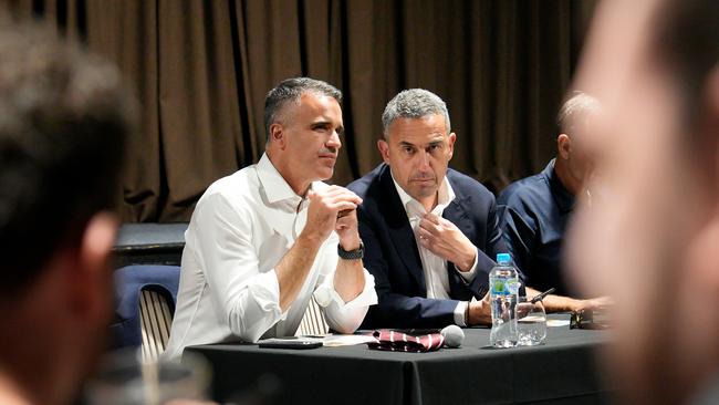 Premier Peter Malinauskas and Energy and Mining Minister Tom Koutsantonis at a meeting with steel workers in Whyalla earlier this year. Picture: Tim Joy