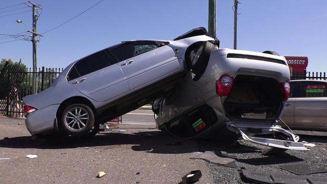 The driver hit a pedestrian before crashing into a number of parked cars in Tuggerah. Picture: TNV