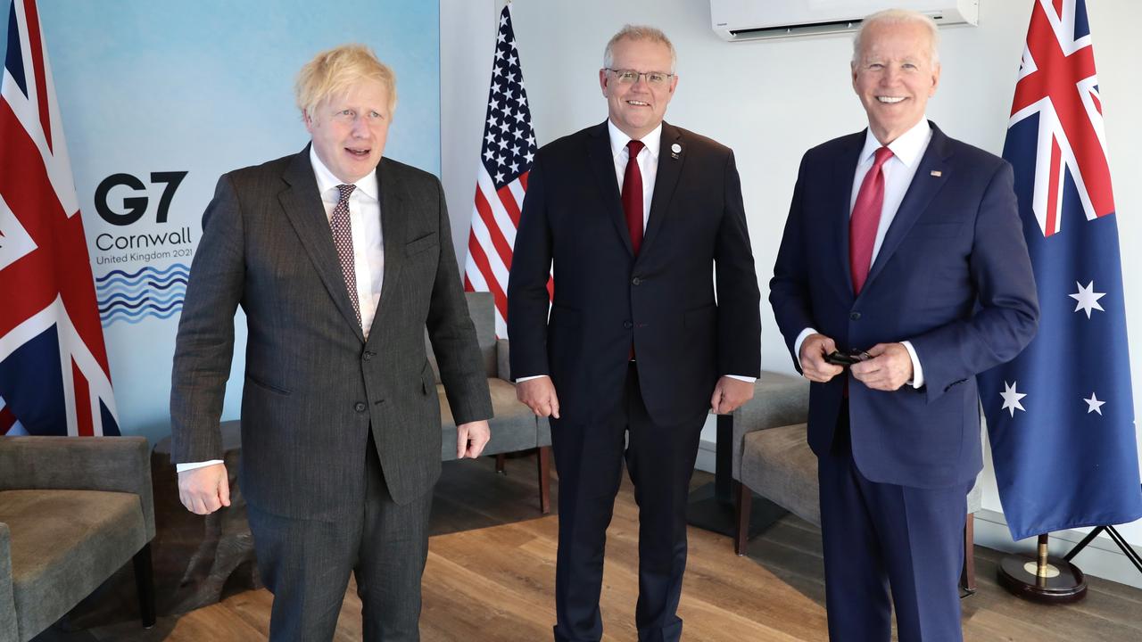 Scott Morrison, US President Joe Biden and former UK Prime Minister Boris Johnson when they announced AUKUS. Picture: Adam Taylor/PMO