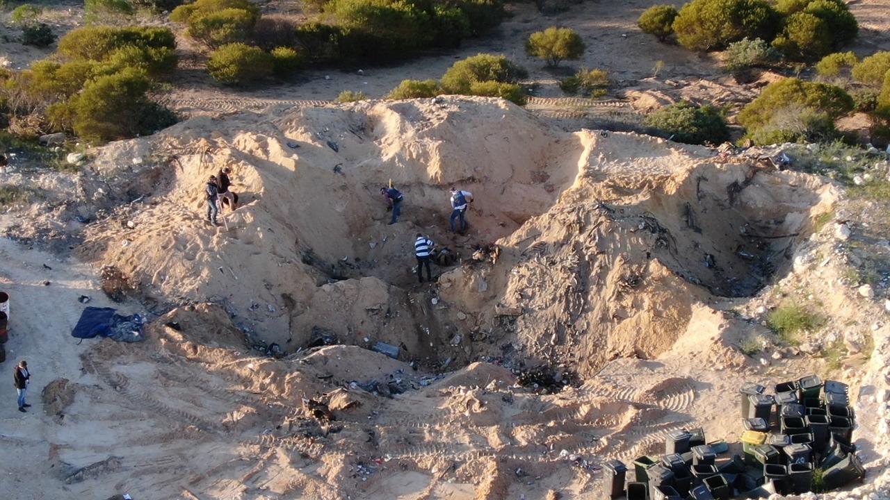 Drone shots show car remains at the Hell Angels’ Ponde property during the search for evidence in two murder cases. Picture: Nine News