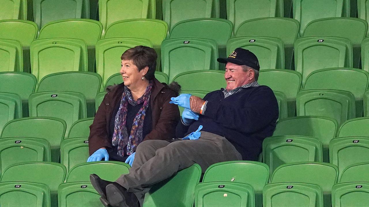 Mick and Pauleen Lewis watch on from the stands during their son’s 2020 NRL debut at AAMI Park. Picture: AAP