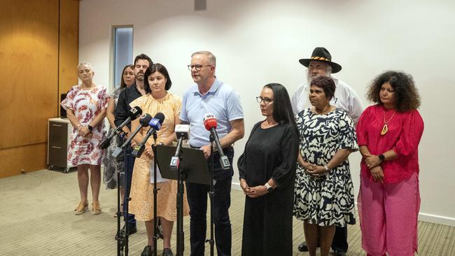 Mr Albanese in Alice Springs after meeting with local leaders and NT Chief Minister Natasha Fyles. Picture: Liam Mendes