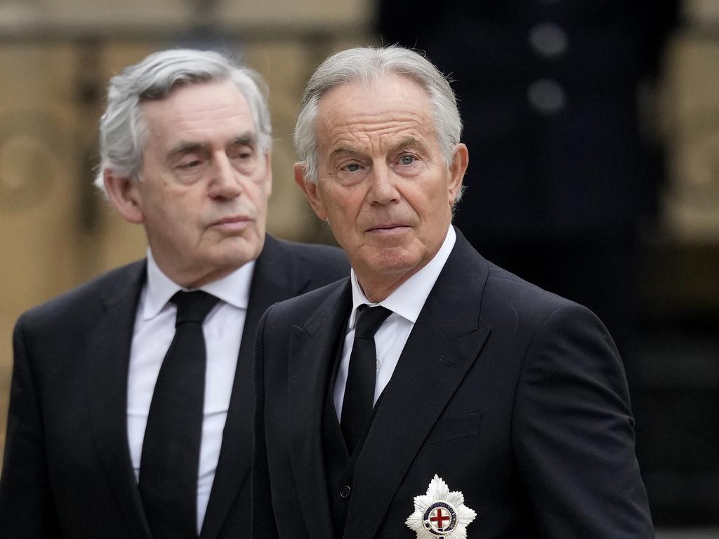 Former Prime Ministers Gordon Brown and Tony Blair arrive at Westminster Abbey. Picture: Getty Images