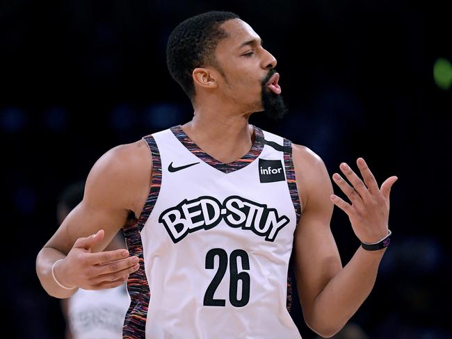 LOS ANGELES, CALIFORNIA - MARCH 10:  Spencer Dinwiddie #26 of the Brooklyn Nets reacts to his offensive foul during a 104-102 win over the Los Angeles Lakers at Staples Center on March 10, 2020 in Los Angeles, California. (Photo by Harry How/Getty Images)  NOTE TO USER: User expressly acknowledges and agrees that, by downloading and or using this photograph, User is consenting to the terms and conditions of the Getty Images License Agreement.