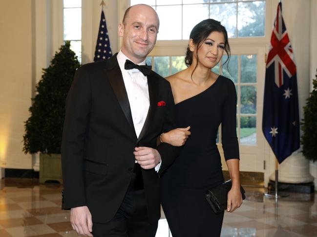 Katie Miller, who tested positive to COVID-19, with her husband, Stephen Miller. Katie is Mike Pence’s press secretary and Stephen is one of Donald Trump’s top advisers. Picture: AP