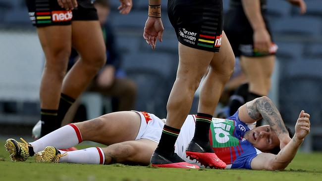 Newcastle’s Mitchell Pearce suffered a concussion that forced him out of the action very early on against Penrith at Campbelltown Stadium. Picture: Getty Images