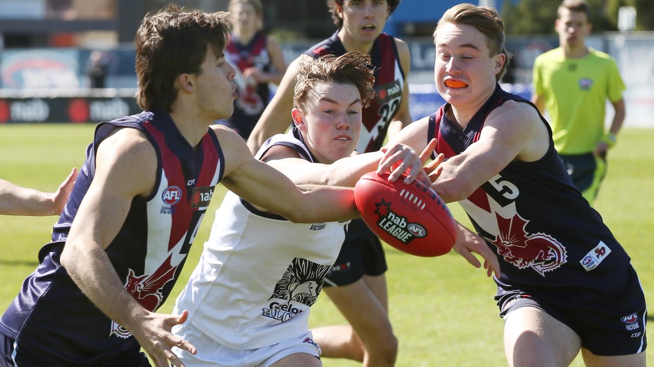 Tanner Bruhn fights for a ball while playing for the Geelong Falcons. Picture: David Crosling