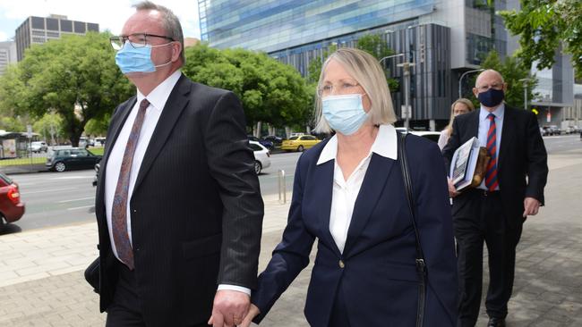 Former South Australian Labor MP Annabel Digance, right with her husband Greg, leaving the Adelaide Magistrates Court on Monday. Picture: NCA NewsWire/Brenton Edwards