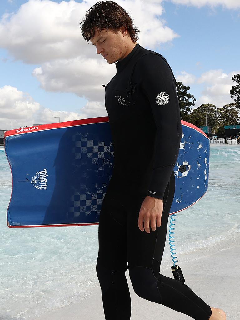 Jack Ginnivan during a pre-season bonding session at UrbnSurf wave park at Tullamarine.