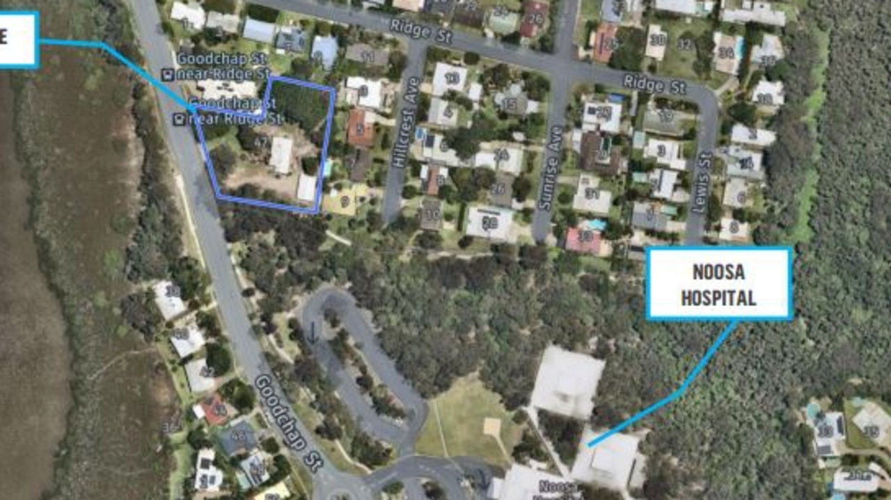 The site of a proposed private hospital on Goodchap St, Tewantin, is outlined in blue.