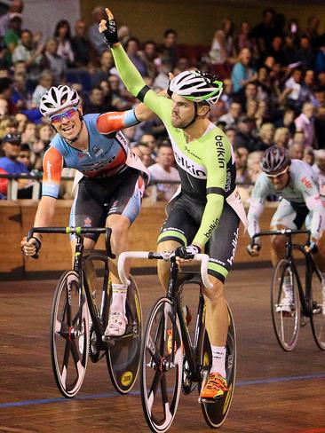 Jack Bobridge wins the 2013 Launceston wheelrace ahead of Alex Edmondson (left) and Tyler Spurrell (third).