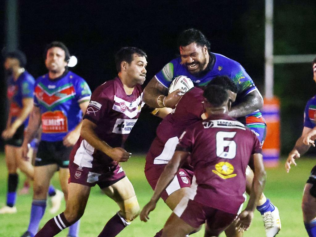 Innisfail's Lata Fakalelu takes a hit up in the Far North Queensland Rugby League (FNQRL) Men's minor semi final match between the Innisfail Leprechauns and the Yarrabah Seahawks, held at Smithfield Sporting Complex. Picture: Brendan Radke