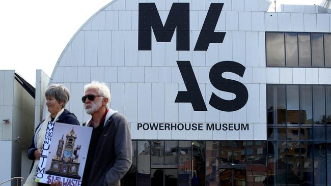 People gather on the steps outside the Powerhouse Museum in Ultimo to protest the museum's move to Parramatta last month. Picture: Toby Zerna