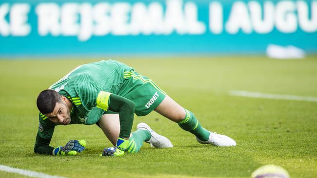 Goalkeeper Nenad Eric looks at the ball during UEFA Champions League, Second Qualifying Round between FC Midtjylland and FC Astana in Denmark. Picture: AP