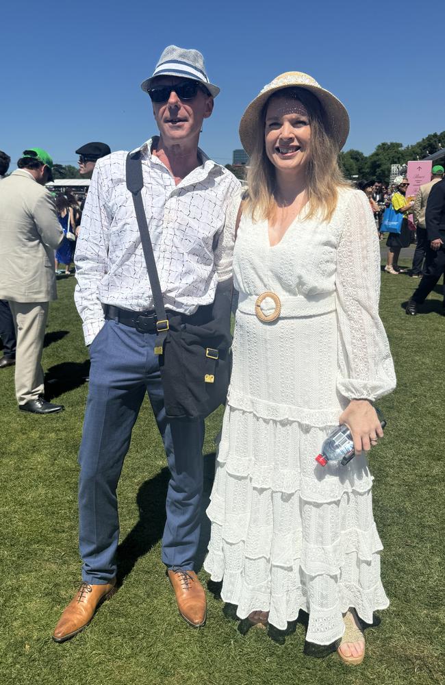 Andy York and Nicole Kearns at the Melbourne Cup at Flemington Racecourse on November 5, 2024. Picture: Phillippa Butt