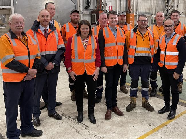 Acting Premier James Merlino, Public Transport Minister Ben Carroll, Buninyong MP Michaela Settle, Wendouree MP Juliana Addison and staff from Alstom in Ballarat. Picture: Mitch Clark